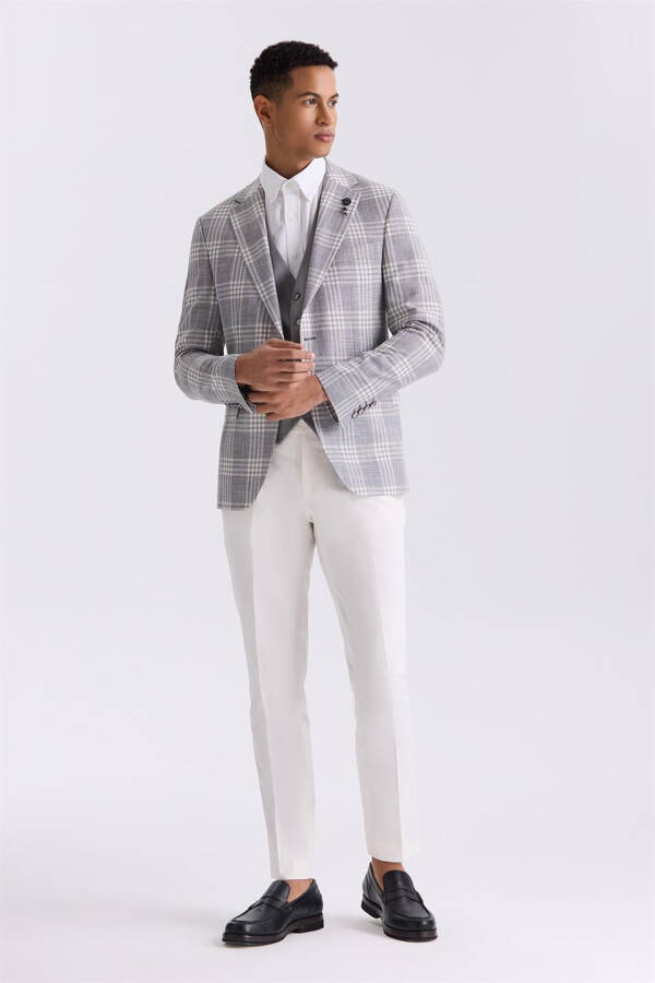 Gray Slim Fit Single-Breasted Checkered Suit Dress with Vest - 6