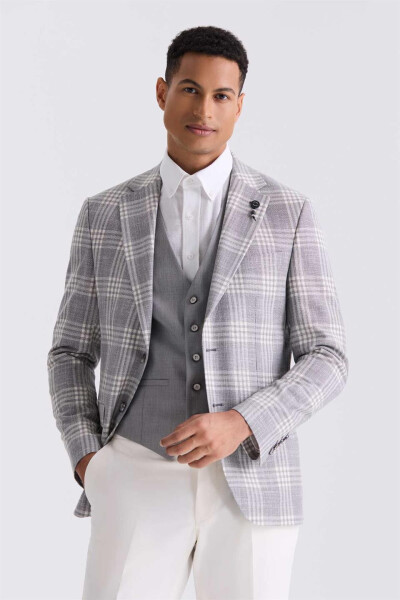 Gray Slim Fit Single-Breasted Checkered Suit Dress with Vest - 1