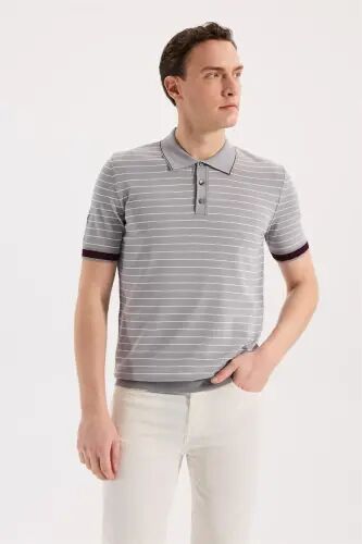 Gray Slim Fit Striped Rayon Polo Collar T-Shirt 