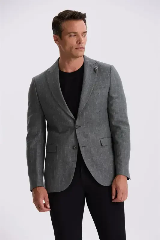 Gray Slim Fit Swallow Collar Striped Linen Cotton Seasonal Jacket - 1