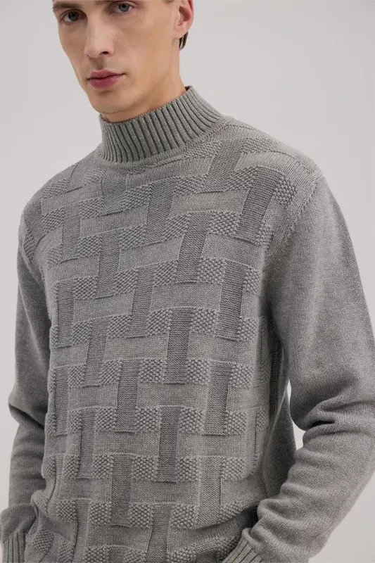 Gray Slim Fit Turtleneck Patterned Knit Sweater - 3