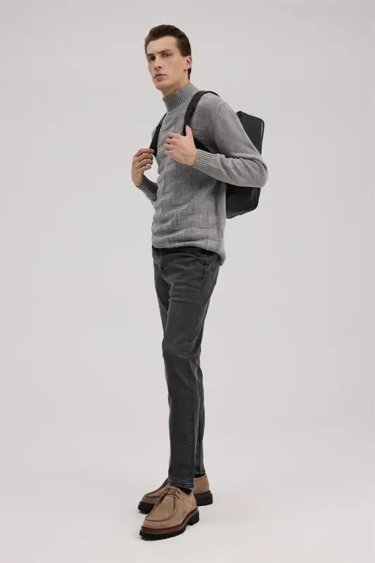 Gray Slim Fit Turtleneck Patterned Knit Sweater - JAKAMEN