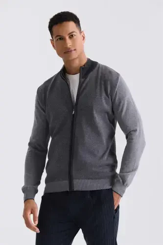 Gray Slim Fit Zip Up Cardigan - 1