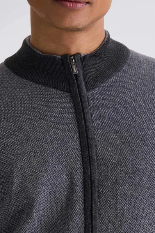 Gray Slim Fit Zippered Knit Cardigan - 3