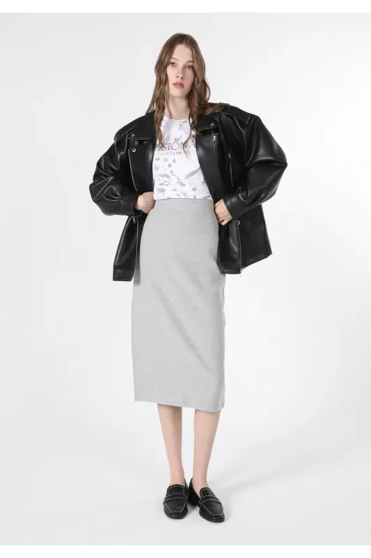 Gray, slit detail, slim fit midi skirt - 1