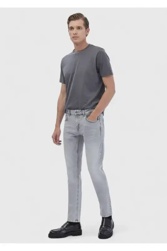 Gray Straight Slim Fit Denim Cotton Blend Trousers - 1