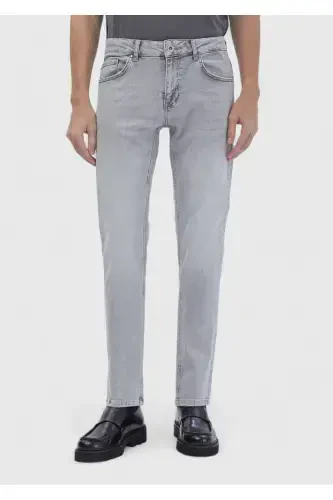 Gray Straight Slim Fit Denim Cotton Blend Trousers - 2