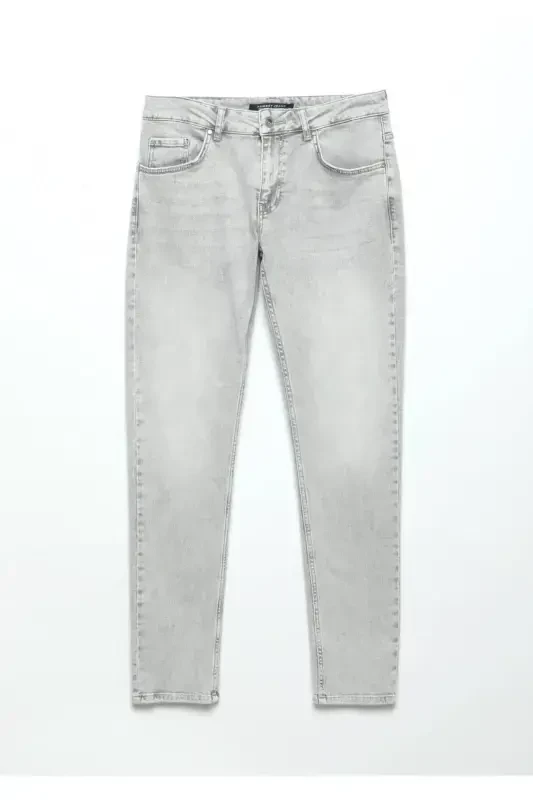 Gray Straight Slim Fit Denim Cotton Blend Trousers - 6