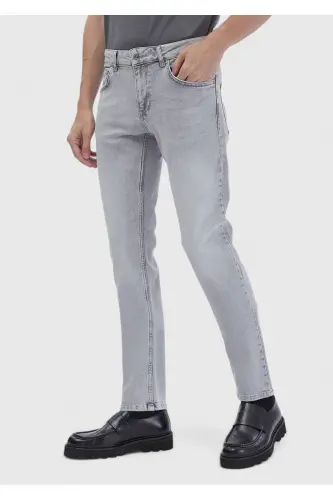 Gray Straight Slim Fit Denim Cotton Blend Trousers - 3