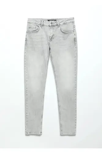 Gray Straight Slim Fit Denim Cotton Blend Trousers - 6