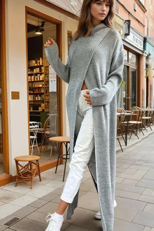 Gray Turtleneck, Cross Slit Detail, Oversized and Long Poncho Knit Dress - 1