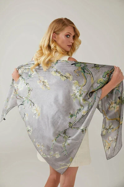 Gray Van Gogh Almond Blossoms 140x140 Square New Spring Summer Collection 100% Satin Silk Scarf - DERIDERIM