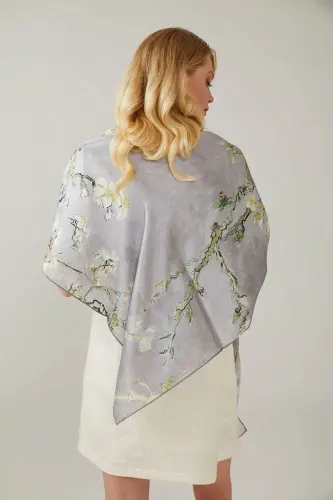 Gray Van Gogh Almond Blossoms 140x140 Square New Spring Summer Collection 100% Satin Silk Scarf - 4