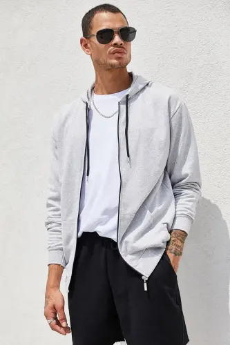 Gray Zippered Hooded Men's Sweatshirt-GRAY - 4