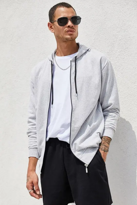 Gray Zippered Hooded Men's Sweatshirt-GRAY - 4