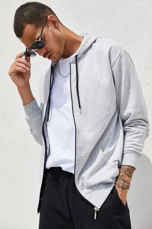 Gray Zippered Hooded Men's Sweatshirt-GRAY - 5