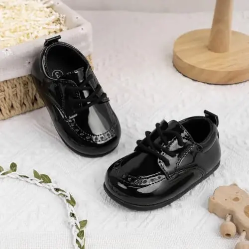Greceen Toddler Baby Boys Girls Classic PU Leather Brogue Oxford Dress Shoes Wedding Loafers Crib Shoes - 4