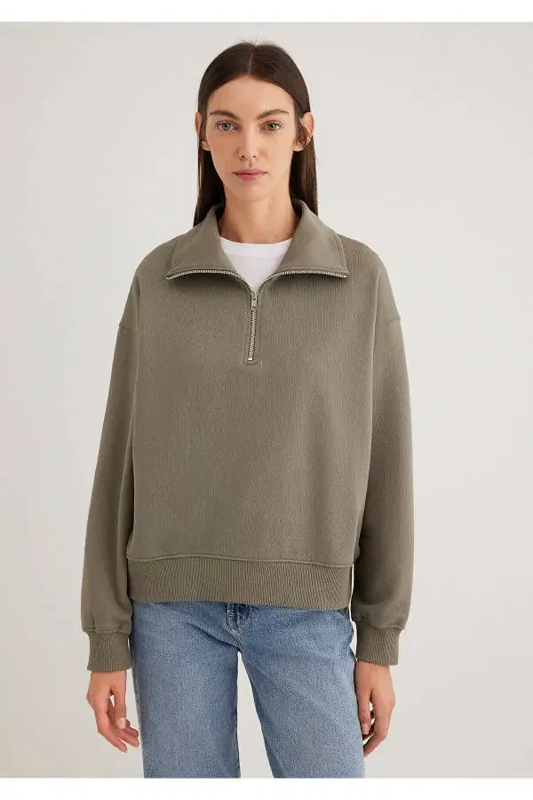 Green basic sweatshirt with half zip - 3