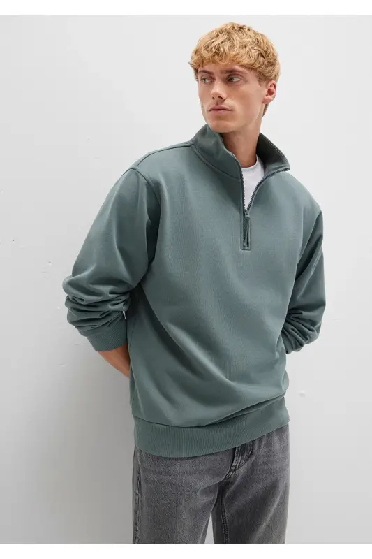 Green Basic Sweatshirt with Half Zip - 1