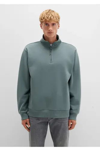Green Basic Sweatshirt with Half Zip - 3