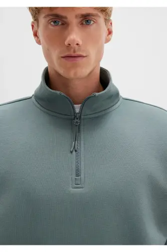 Green Basic Sweatshirt with Half Zip - 5