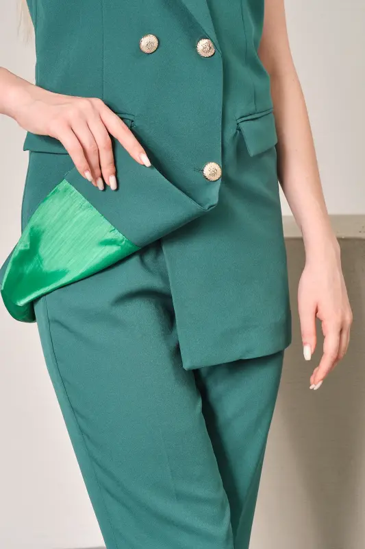 Green Blazer Vest Trousers Pipe Leg Atlas Fabric Suit-Green - DIAVES