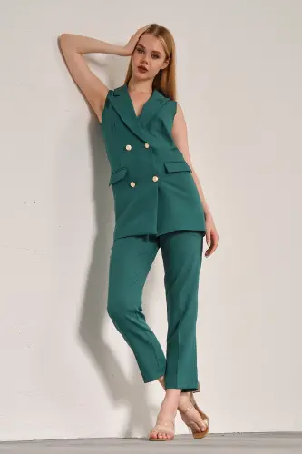 Green Blazer Vest Trousers Pipe Leg Atlas Fabric Suit-Green - 4