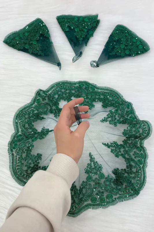 Green Bride Groom Halay Handkerchief, Shiny Guipure, Wedding Henna Night Bridesmaid Engagement Promise Bride-MENDİLTELKRMYEŞİL - 1