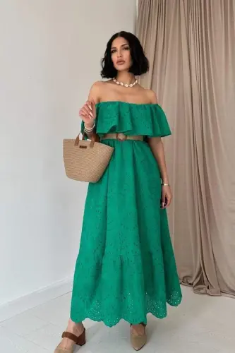 Green Broderie Dress with Elasticated Shoulder - 1