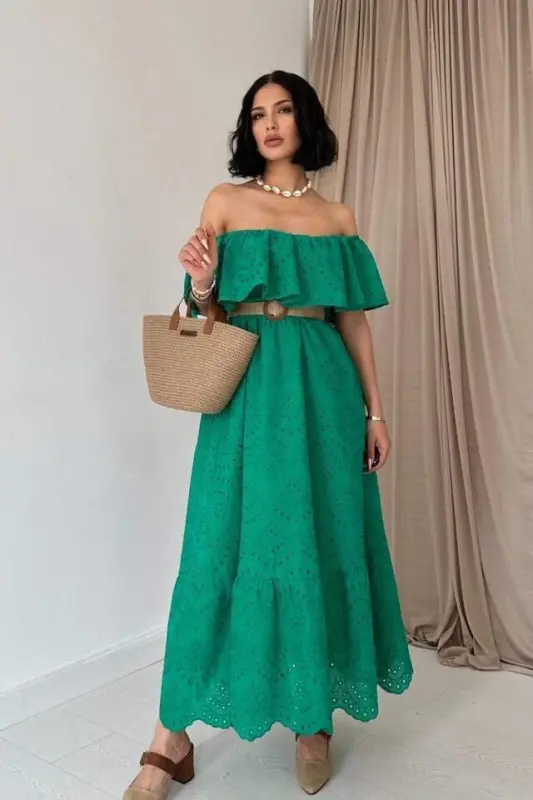 Green Broderie Dress with Elasticated Shoulder - BÜYÜKBEDENIZ
