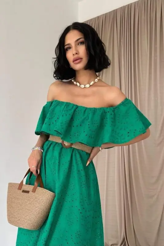 Green Broderie Dress with Elasticated Shoulder - 2