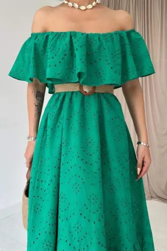 Green Broderie Dress with Elasticated Shoulder - 3