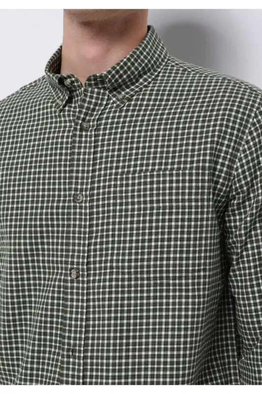 Green checkered, long-sleeved, regular fit men's shirt. - 4