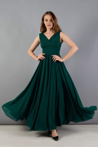 Green Chiffon V-Neck Long Dress - 1