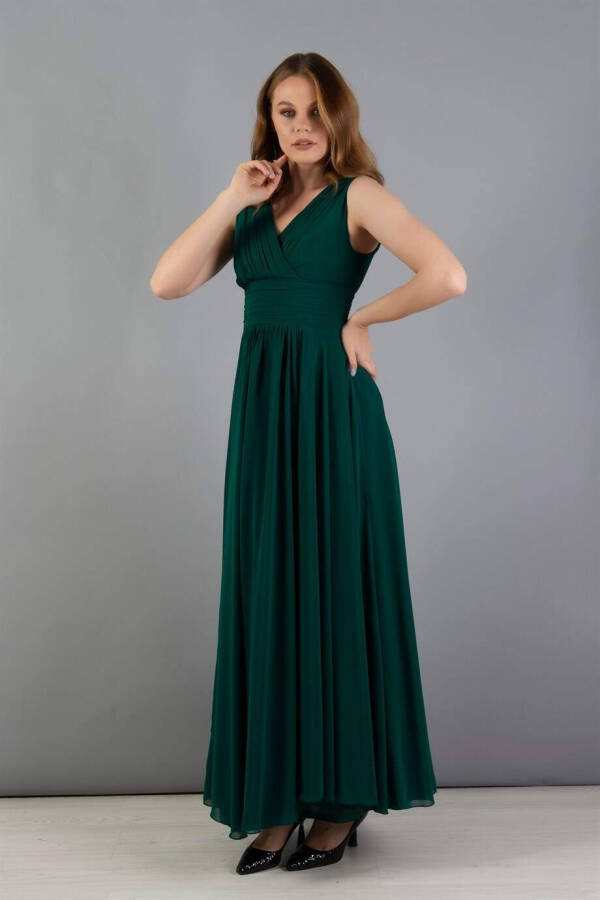 Green Chiffon V-Neck Long Dress - 3