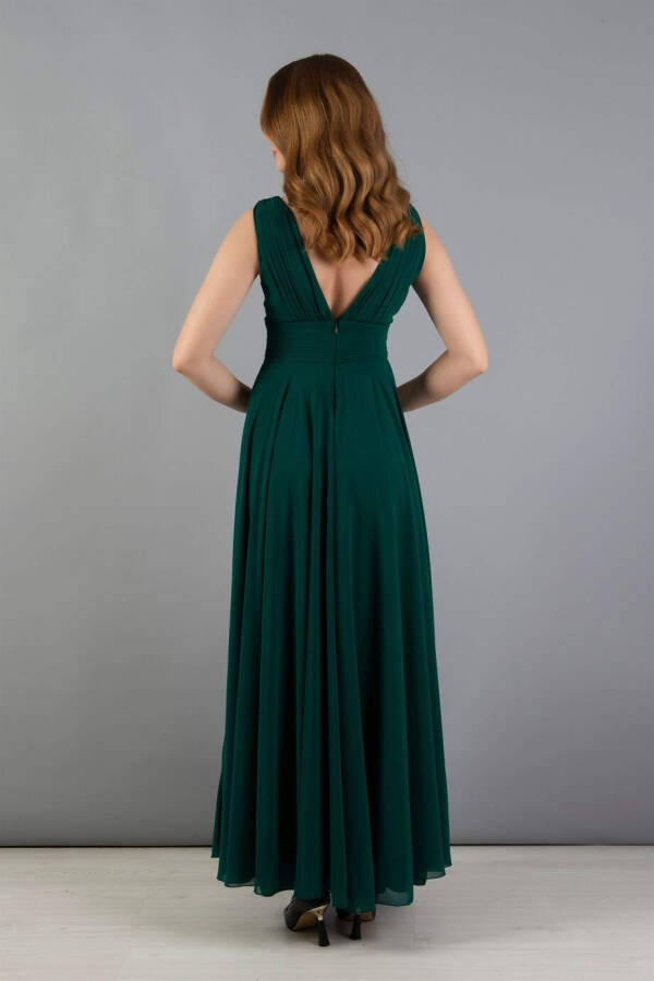 Green Chiffon V-Neck Long Dress - 5