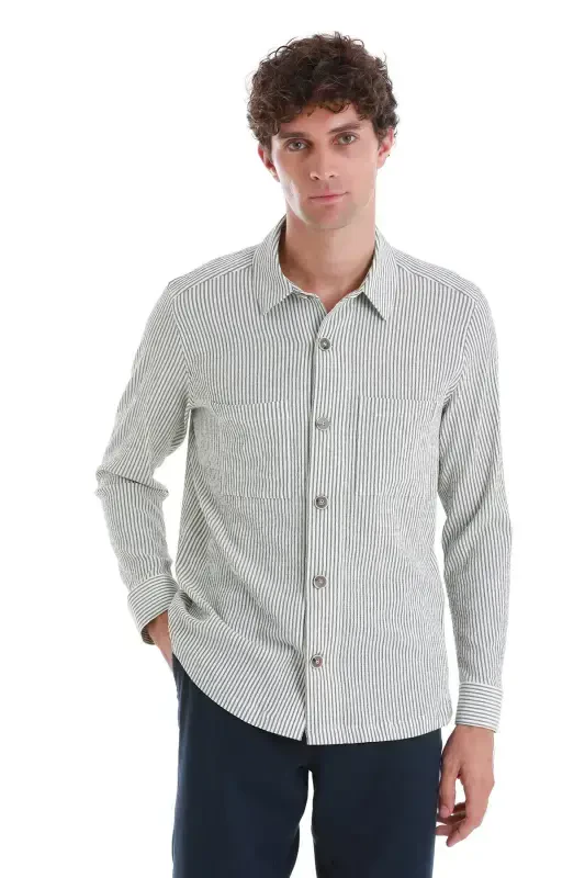 Green Classic Fit Striped Long Sleeve Overshirt - HATEMOĞLU
