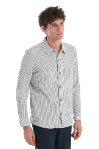 Green Classic Fit Striped Long Sleeve Overshirt - 3
