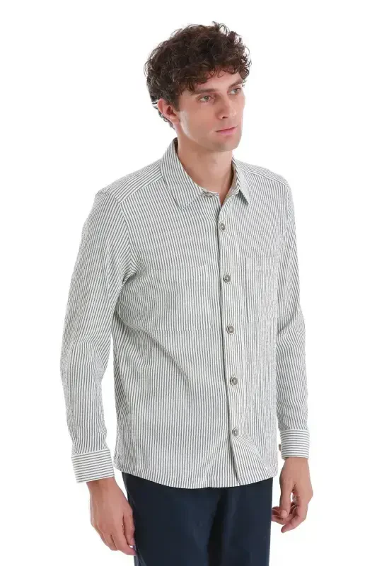 Green Classic Fit Striped Long Sleeve Overshirt - 3