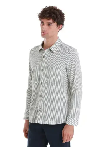 Green Classic Fit Striped Long Sleeve Overshirt - 4