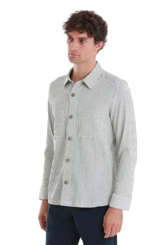 Green Classic Fit Striped Long Sleeve Overshirt - 4