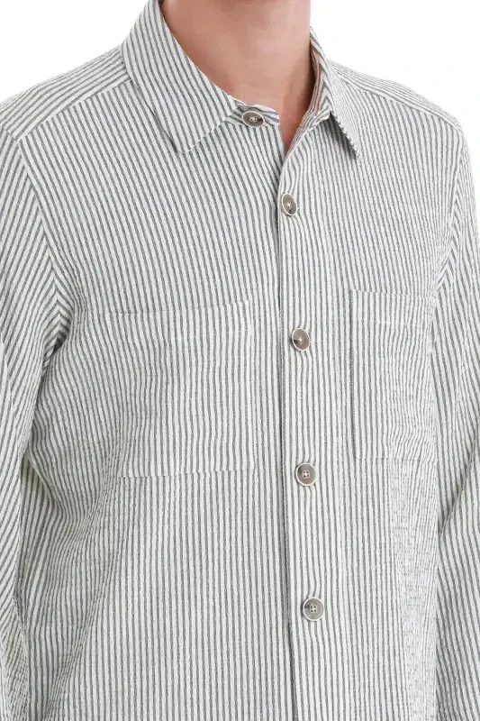 Green Classic Fit Striped Long Sleeve Overshirt - 5