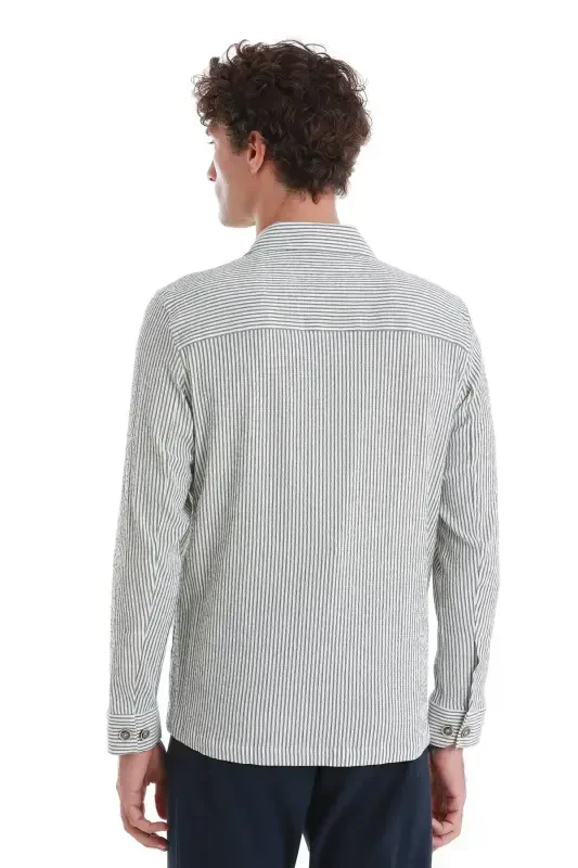 Green Classic Fit Striped Long Sleeve Overshirt - 6