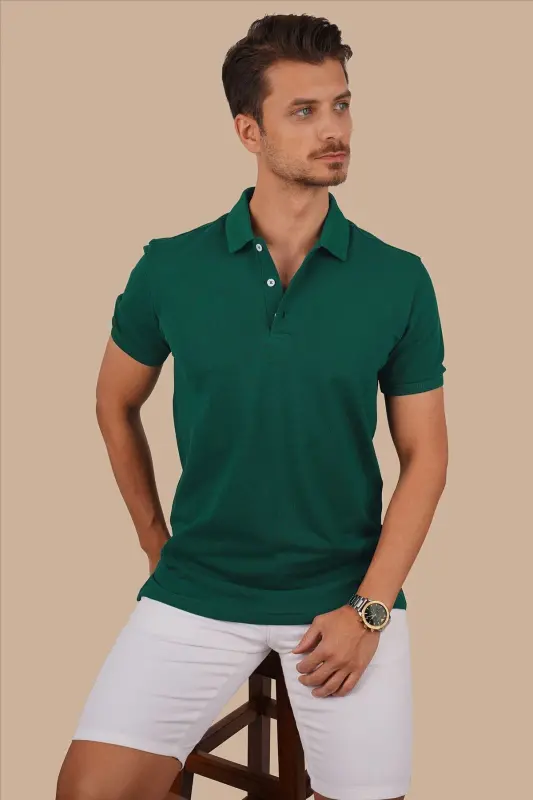 Green Collar Patterned Men's Polo Neck T-Shirt-Green - 2