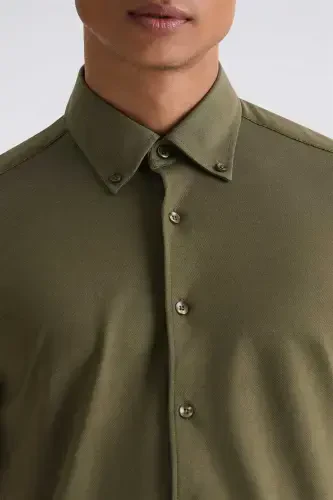 Green Comfort Fit Button-Down Collar Cotton Shirt - 3