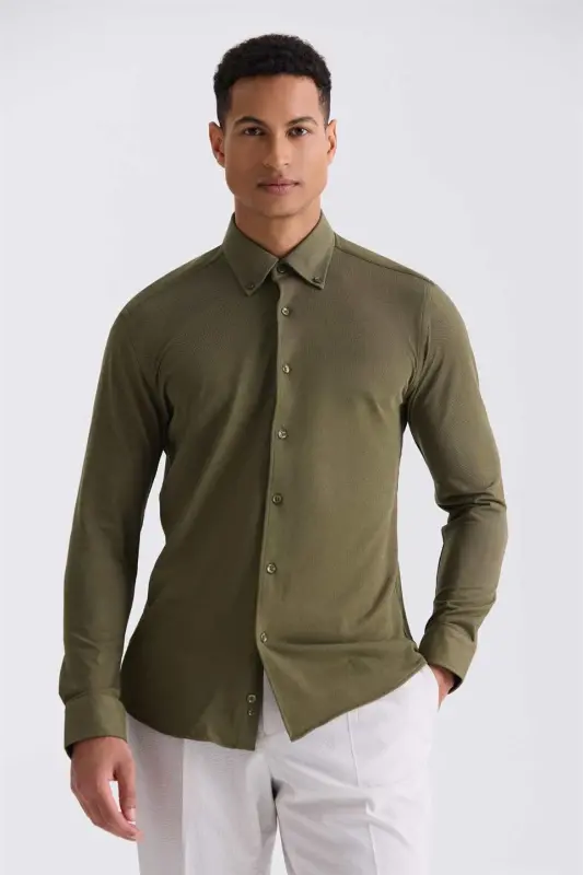 Green Comfort Fit Button-Down Collar Cotton Shirt - 1