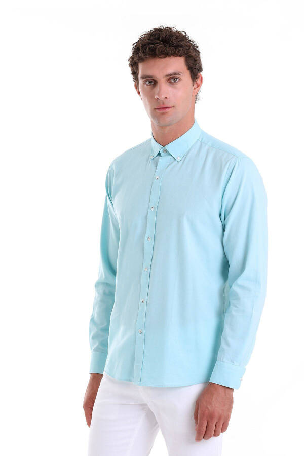 Green Comfort Fit Plain 100% Cotton Button-Down Collar Long Sleeve - 1