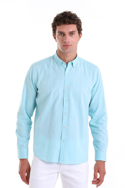 Green Comfort Fit Plain 100% Cotton Button-Down Collar Long Sleeve - HATEMOĞLU (1)