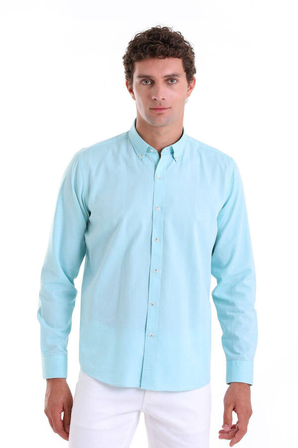 Green Comfort Fit Plain 100% Cotton Button-Down Collar Long Sleeve - 2