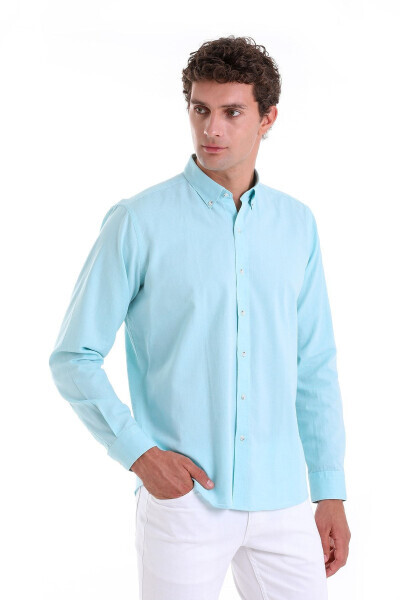 Green Comfort Fit Plain 100% Cotton Button-Down Collar Long Sleeve - 3